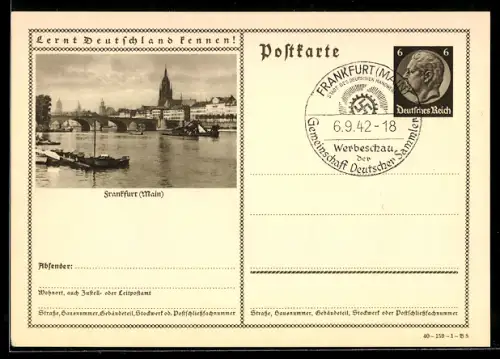 AK Frankfurt /Main, Teilansicht der Stadt mit Mainbrücke, Ganzsache Lernt Deutschland kennen
