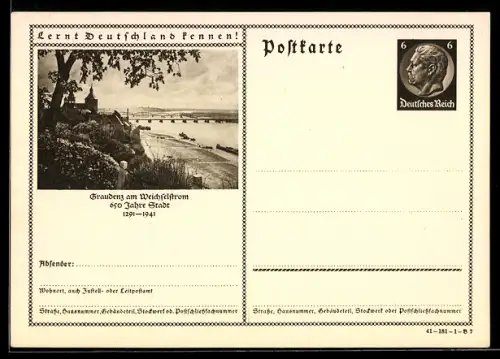 AK Graudenz /Weichsel, Ortsansicht mit Brücke, Ganzsache Lernt Deutschland kennen