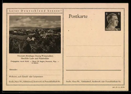 AK Neustadt /Westpreussen, Stadtpanorama aus der Vogelschau, Ganzsache Lernt Deutschland kennen