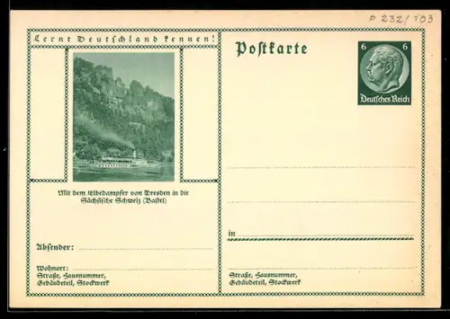 AK Bastei /Sächsische Schweiz, Raddampfer vor dem Basteifelsen, Ganzsache Lernt Deutschland kennen