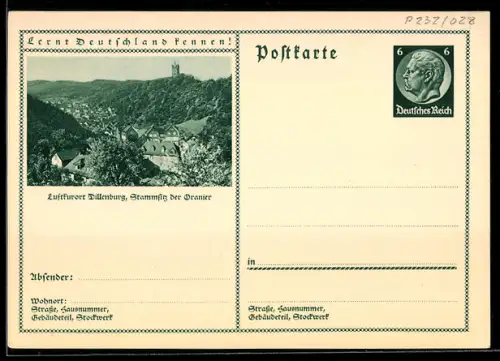 AK Dillenburg, Ortsansicht im Tal, Ganzsache Lernt Deutschland kennen