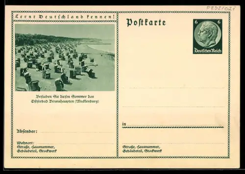 AK Brunshaupten /Mecklenburg, Ostseestrand mit Strandkörben, Ganzsache Lernt Deutschland kennen