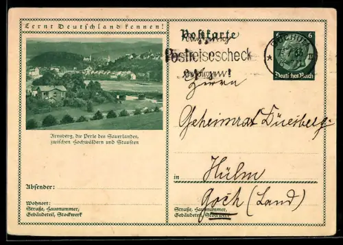 AK Arnsberg /Sauerland, Ortsansicht mit umgebenden Wäldern, Ganzsache Lernt Deutschland kennen