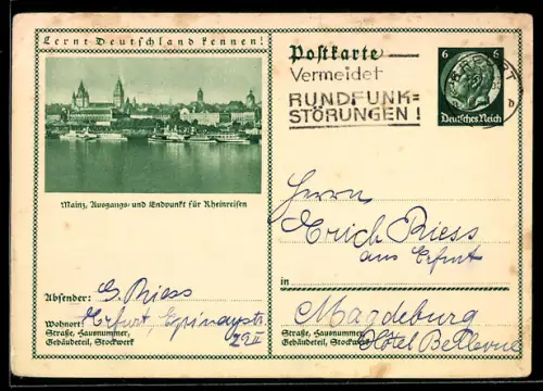 AK Mainz, Ansicht der Stadt vom Rhein aus, Ganzsache Lernt Deutschland kennen