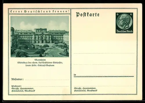 AK Mannheim, Mittelbau d. ehem. Kurfürstlichen Schlosses, heute Städt. Schloss-Museum, Ganzsache Lernt Deutschland kennen