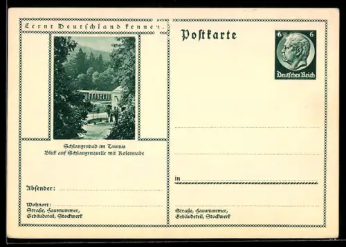 AK Schlangenbad im Taunus, Blick auf Schlangenquelle mit Kolonnade, Ganzsache Lernt Deutschland kennen