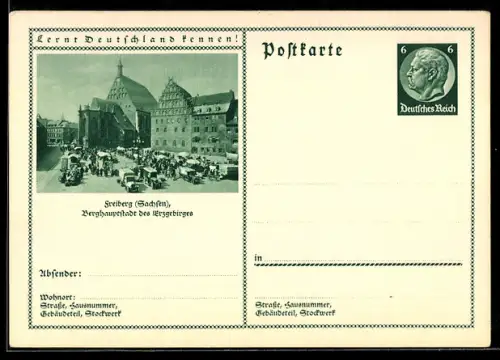 AK Freiberg /Sachsen, Blick auf den Markt mit Verkaufsständen, Ganzsache Lernt Deutschland kennen4