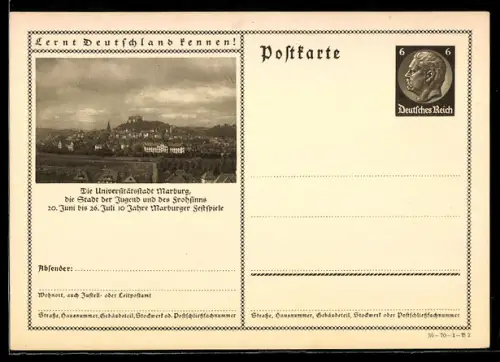 AK Marburg, Stadtansicht, Ganzsache Lernt Deutschland kennen