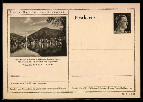 AK Rottach-Egern, Ortsansicht vom Tegernsee aus, Ganzsache Lernt Deutschland kennen