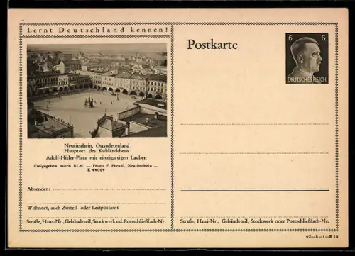 AK Neutitschein /Ostsudetenland, Platz mit den Lauben, Ganzsache Lernt Deutschland kennen