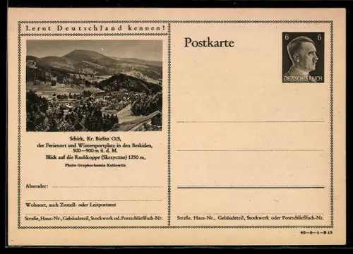 AK Schirk /Bielitz, Blick auf Rauhkoppe, Ganzsache Lernt Deutschland kennen
