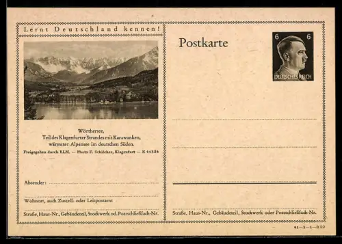 AK Klagenfurt, Teilansicht mit Wörthersee und Karawanken, Ganzsache Lernt Deutschland kennen