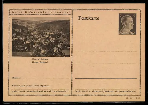 AK Reinerz /Glatzer Bergland, Ortsansicht aus der Vogelschau, Ganzsache Lernt Deutschland kennen