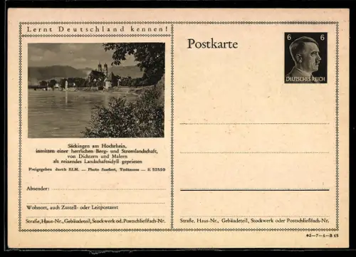 AK Säckingen am Hochrhein, Blick auf die Stadt vom Rheinufer aus, Ganzsache Lernt Deutschland kennen