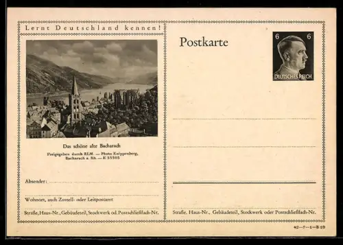 AK Bacharach, Ortsansicht mit Blick auf die Kirche und Ruine, Ganzsache Lernt Deutschland kennen