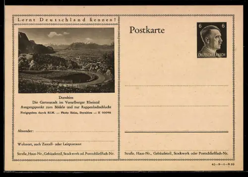 AK Dornbirn, Blick auf eine Bergstrasse, Ganzsache Lernt Deutschland kennen