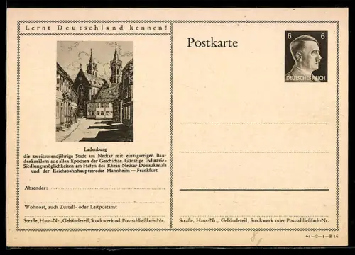 AK Ladenburg /Neckar, Strassenpartie mit Kirche, Ganzsache Lernt Deutschland kennen