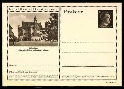 AK Schweinfurt, Strassenpartie mit historischen Gebäuden, Ganzsache Lernt Deutschland kennen