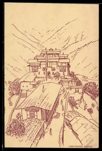 AK Tashigang Dzong, Vogelschau auf den Ort, Ganzsache