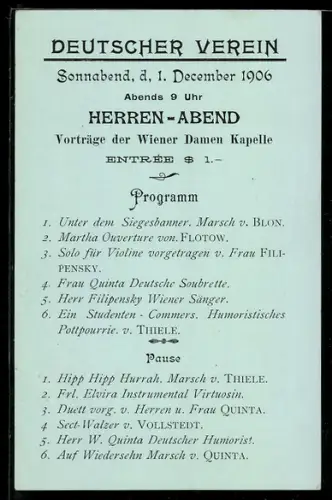 AK Wien, Programmkarte Deutscher Verein im Jahr 1906, Ganzsache