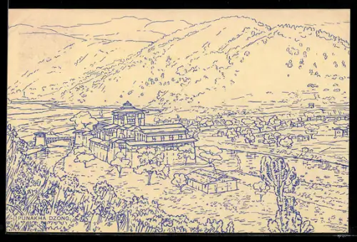 AK Punakha Dzong, Häuser aus der Vogelschau mit Umgebung, Ganzsache