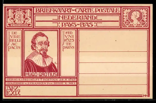 AK Delft, Portrait von Hugo Grotius mit Lebensdaten, Ganzsache