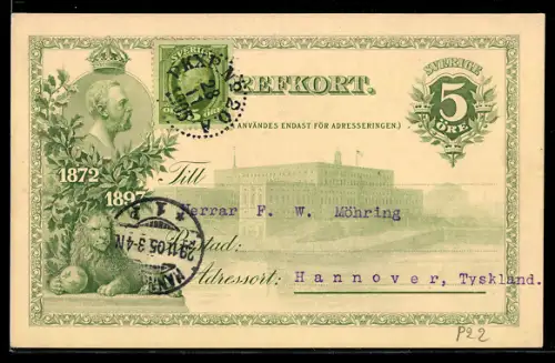 AK Växjö, Gebäudeansicht, Löwe und Portrait, Ganzsache