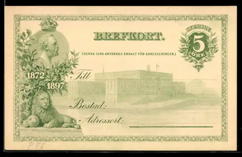 AK Oskar II. von Schweden Portrait, Gebäudeansicht und Löwenstatue, Ganzsache