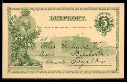 AK Oskar II. von Schweden Portrait, Gebäudeansicht und Löwenstatue, Ganzsache