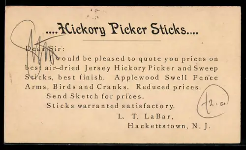 AK Hackettstown, Korrespondenzkarte Hickory Picker Sticks, Ganzsache