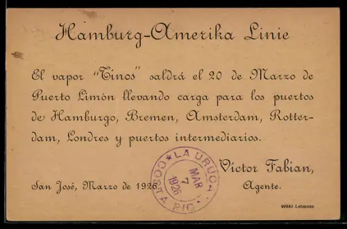 AK San José, Korrespondenzkarte der Hamburg-Amerika-Linie, Ganzsache