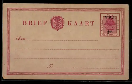 AK Oranje, Wappen und Briefmarke mit Baum und Hörnern, Ganzsache