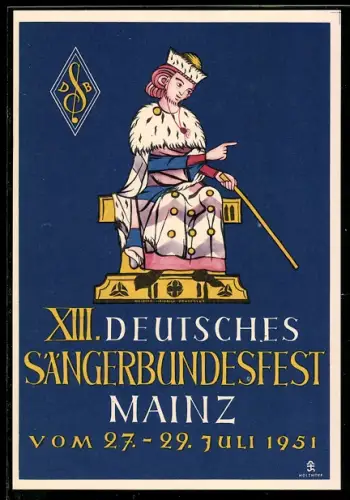 Künstler-AK Mainz, 13. Deutsches Sängerbundesfest 1951, Ganzsache