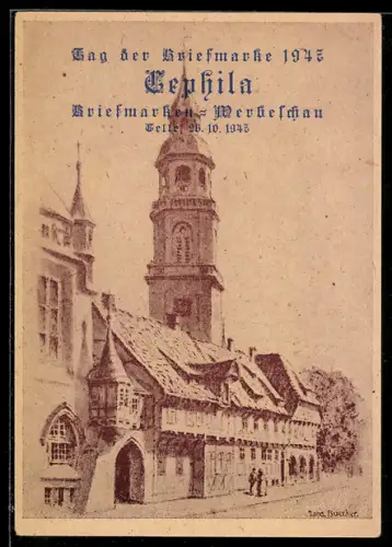 AK Celle, Briefmarken-Werbeschau 1947, Strassenpartie mit Kirchturm, Ganzsache