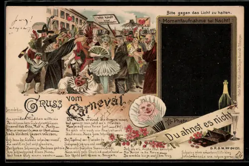 Lithographie Gruss vom Carneval, Wer kauft böse Schwiegermutter?, Karnevals-Umzug, Halt gegen das Licht