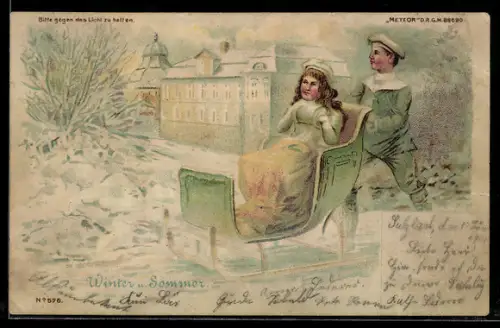 Lithographie Paar im Schlitten im Winter, Ziegengespann im Sommer, Halt gegen das Licht