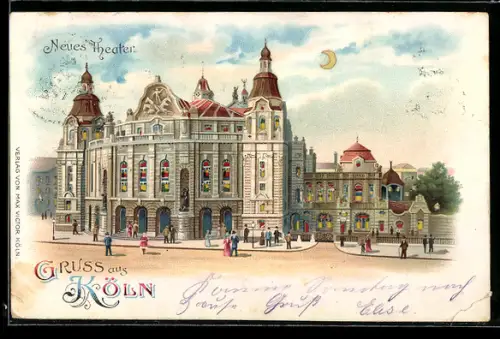 Lithographie Köln-Neustadt, Neues Theater mit Leuten, Halt gegen das Licht
