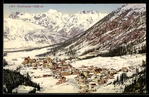 AK Pontresina, Gesamtansicht mit verschneitem Dorf und Bergen