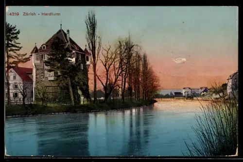 AK Zürich, Hardturm am Flussufer