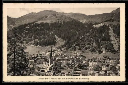 AK Davos Platz, Ortsbild mit Kirche und Sanatorium Schatzalp