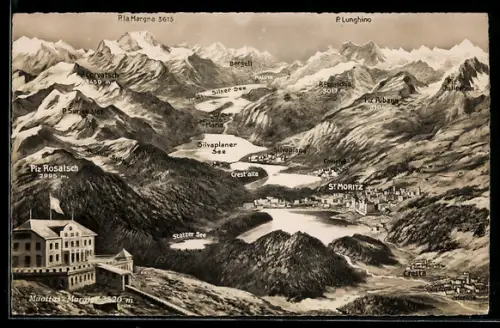AK St. Moritz, Gesamtansicht mit Seen und Bergen