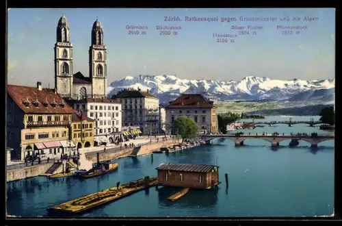 AK Zürich, Rathausquai gegen Grossmünster und die Alpen