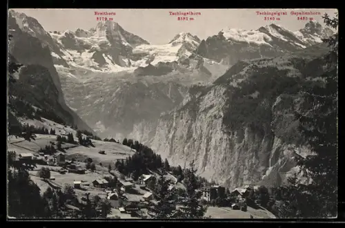 AK Wengen, Dorf und steile Felswand mit Breithorn und Tschingelhorn
