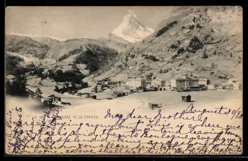 AK Zermatt, Dorfansicht mit Hotels, Chalets und dem Matterhorn