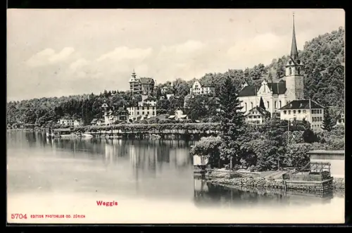 AK Weggis, Kirche und Seepromenade mit Villen