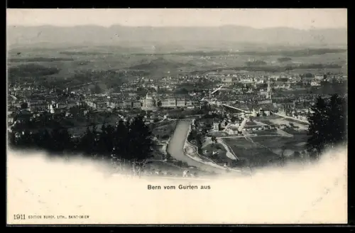 AK Bern, Gesamtansicht vom Gurten mit Aare und Brücken