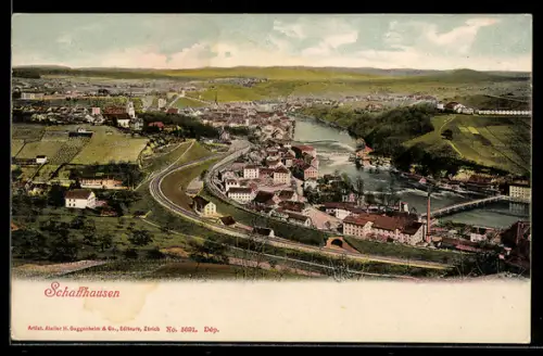 AK Schaffhausen, Gesamtansicht mit Rheinschleife, Brücken und Bahnanlagen