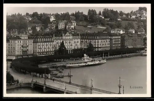 AK Luzern, Hotel Schweizerhof mit Uferpromenade und Dampfschiff