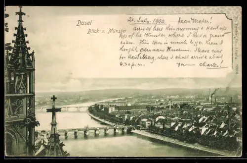 AK Basel, Blick vom Münster auf Rhein, Brücke und Stadt