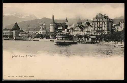 AK Luzern, Seepromenade mit Dampfschiff
